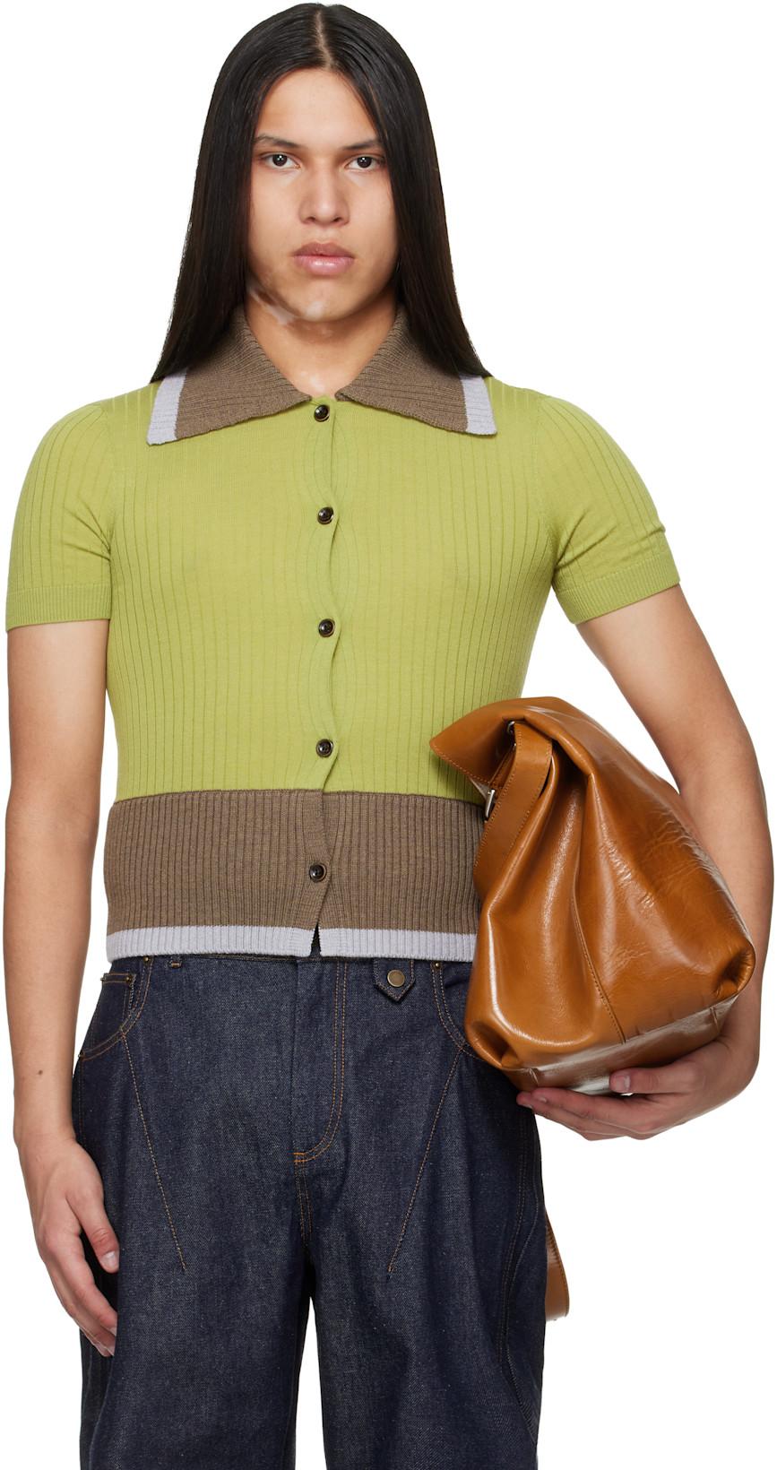 Green & Brown Contrasted Ribs Knit Polo by EGONLAB.
