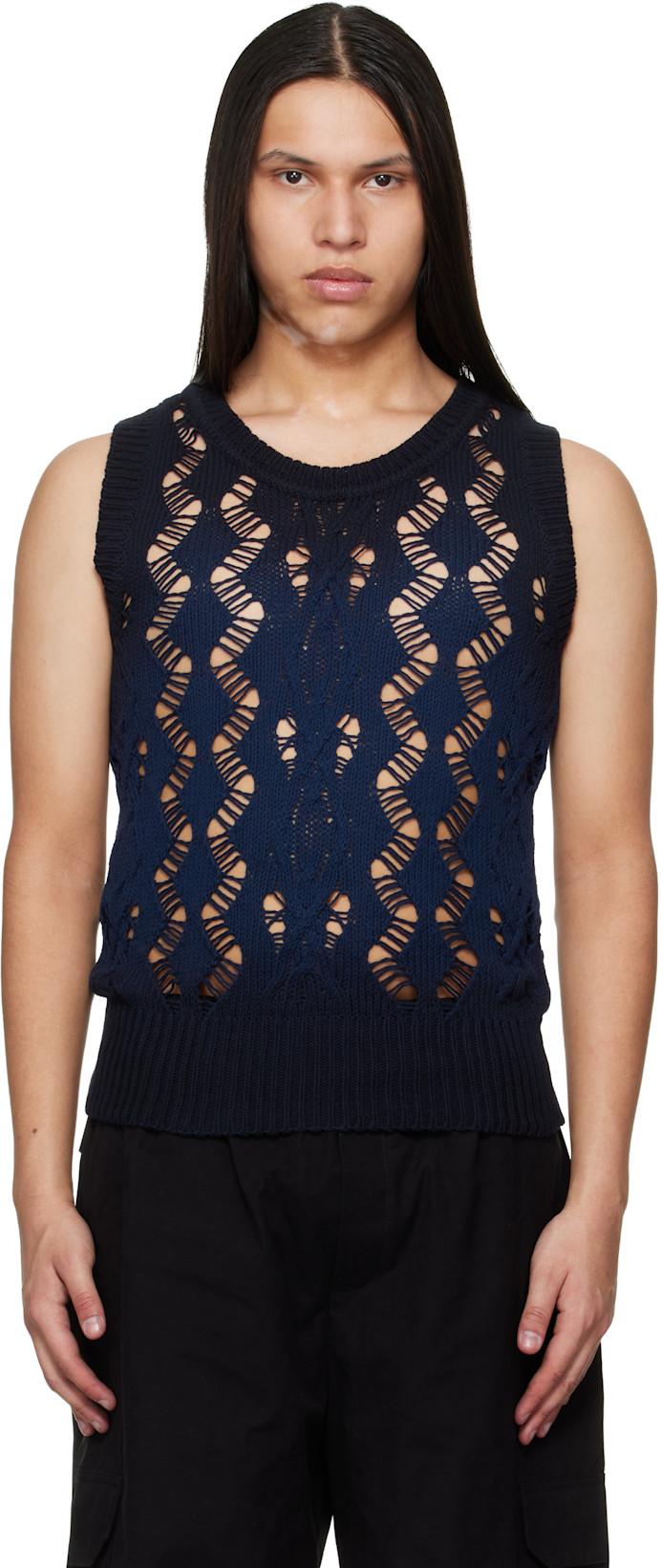 Navy Textured Knit Tank Top by EGONLAB.