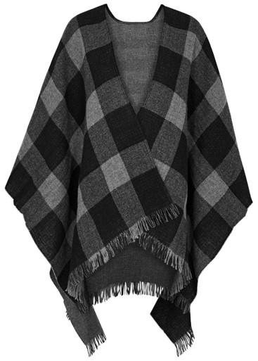 Checked fringed wool poncho by EILEEN FISHER
