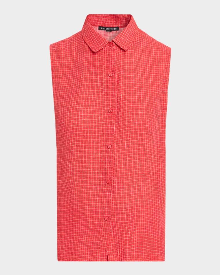 Crinkled Organic Linen Grid Shirt by EILEEN FISHER