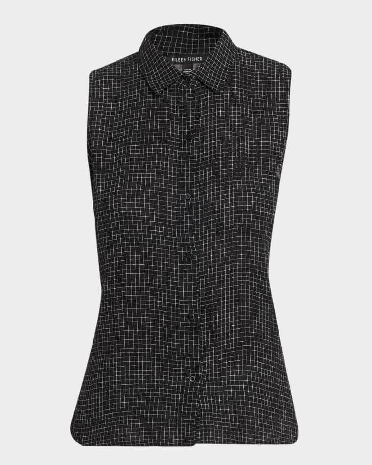 Crinkled Organic Linen Grid Shirt by EILEEN FISHER