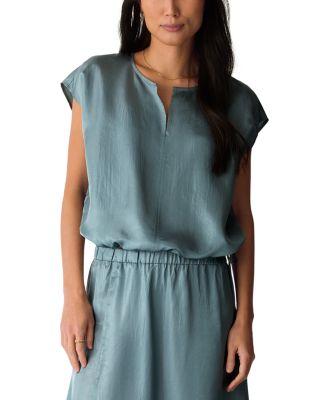 Lightweight Satin Shimmer Split Neck Square Top by EILEEN FISHER