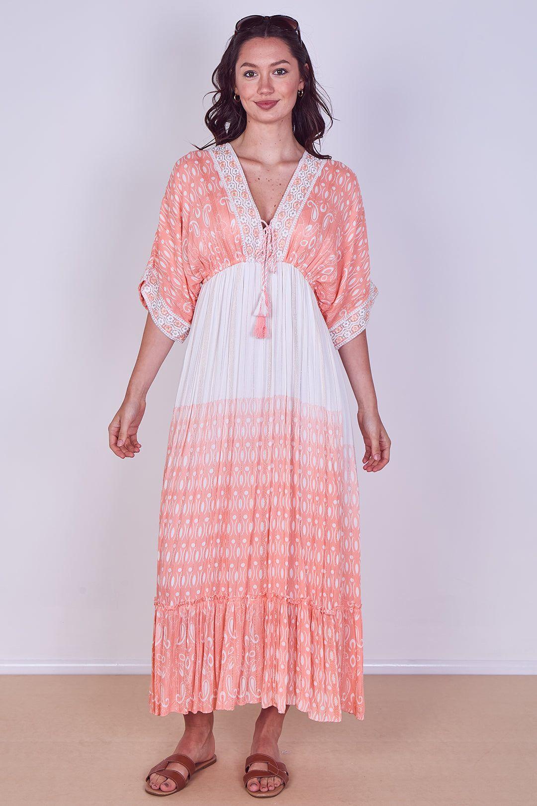 Boho Embroidered Maxi Dress with Tassel Tie by ELAINA FASHION