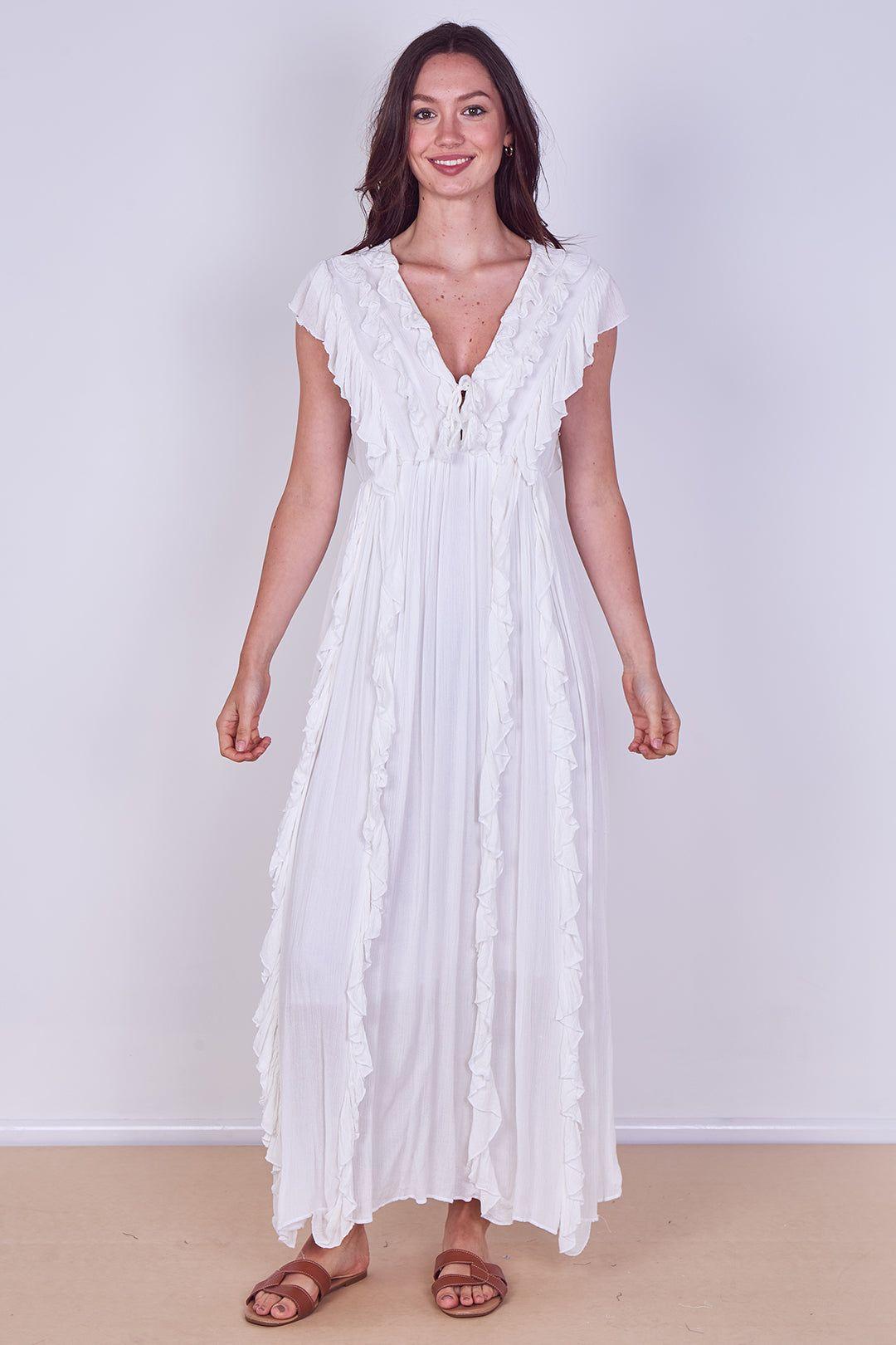Boho Ruffle Detail Maxi Dress with Tie Neck by ELAINA FASHION