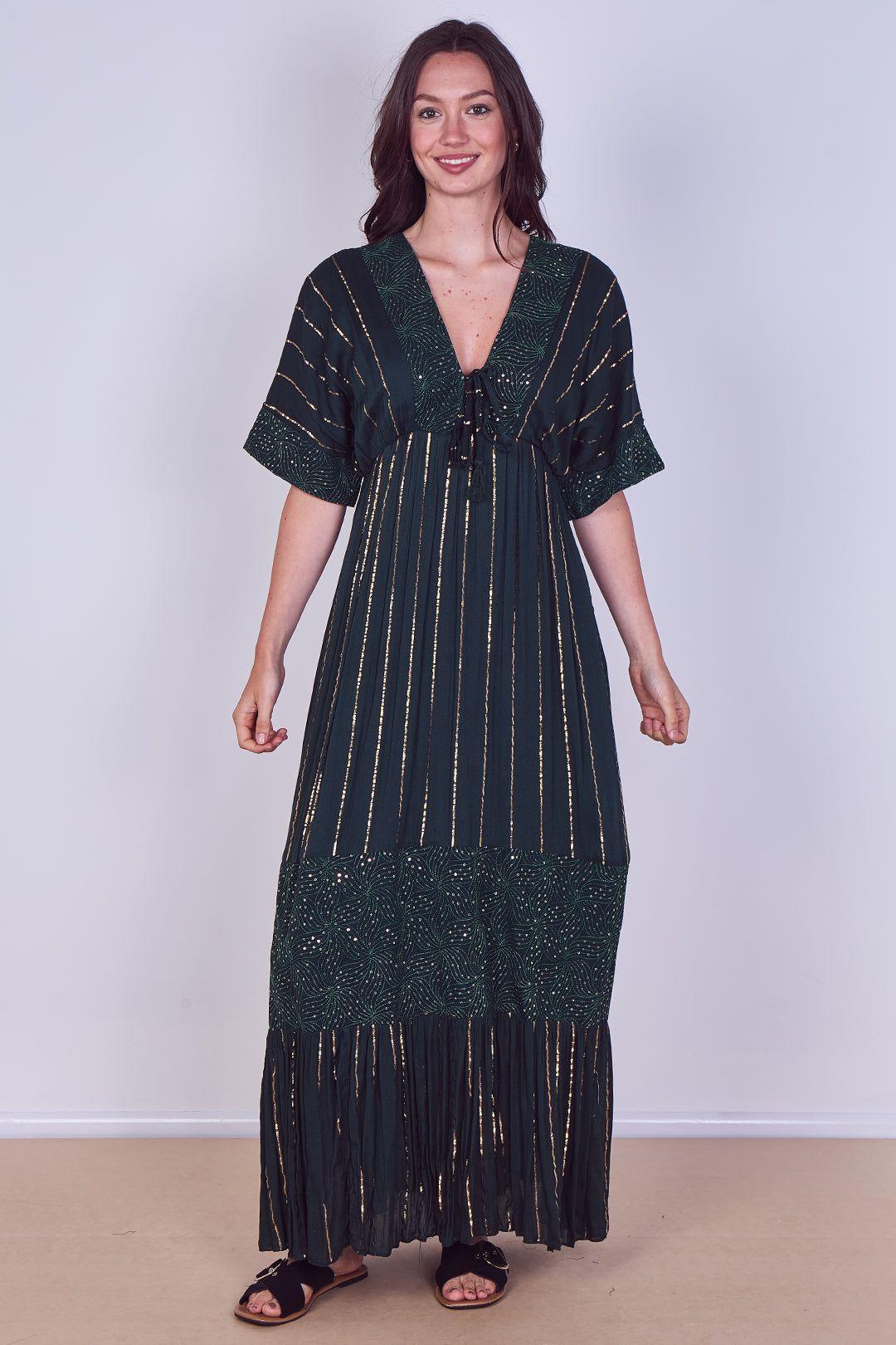 Boho Sequin Swirl Embroidered Maxi Dress by ELAINA FASHION
