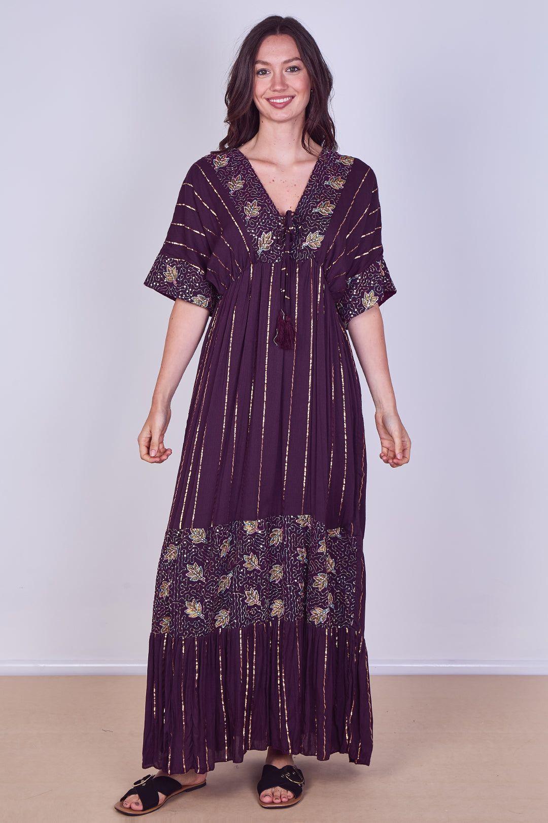 Boho Sequin leaf Embroidered Maxi Dress by ELAINA FASHION