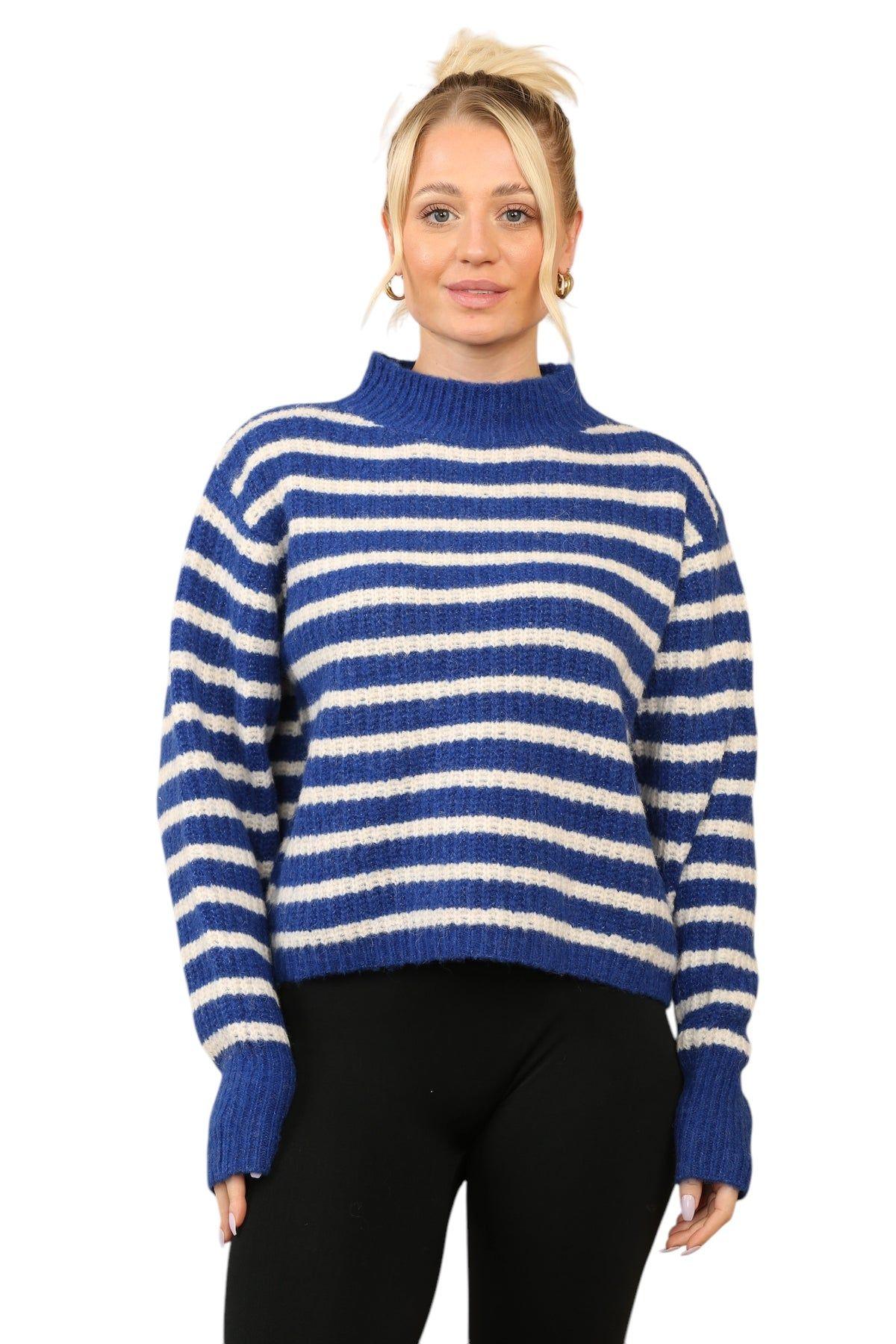 Cosy Striped Jumper with Mock Neck – Soft Acrylic Knit B/W by ELAINA FASHION