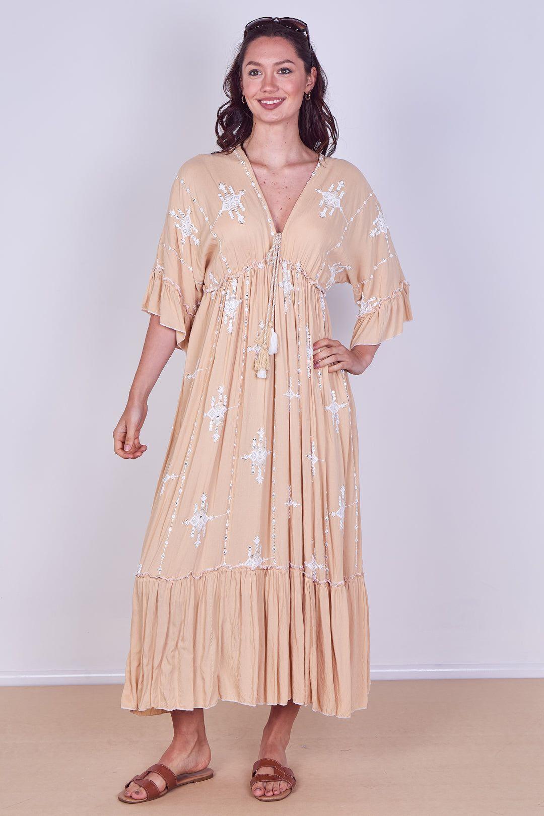 Embroidered Maxi Dress with Tassel Tie by ELAINA FASHION