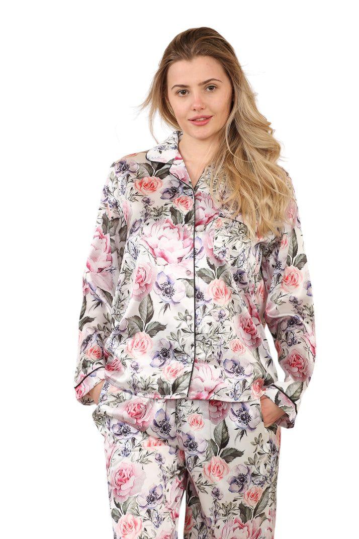 Floral Satin Pyjama Set with Pockets by ELAINA FASHION