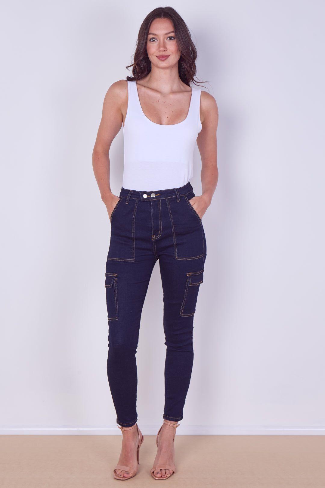 High Waist Cargo Skinny Jeans – Dark Indigo by ELAINA FASHION