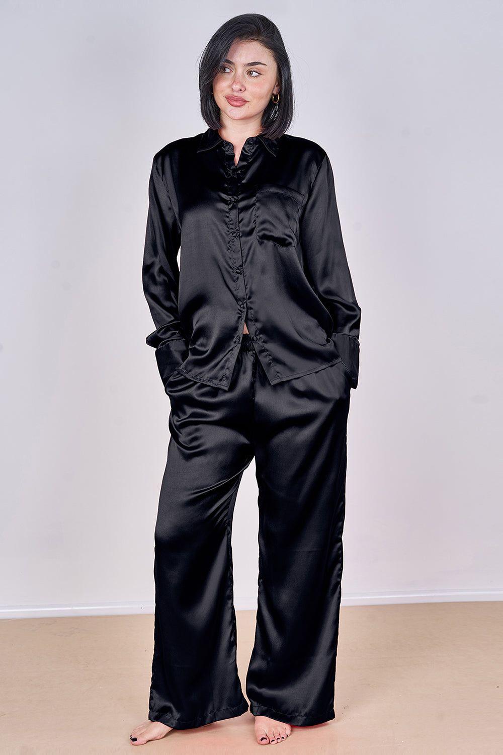 Luxury Satin Pyjama Set Black by ELAINA FASHION