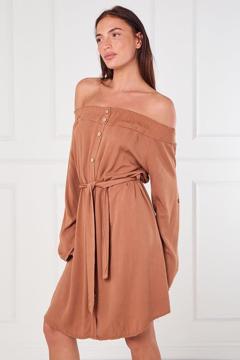 Off Shoulder Button Down Shirt Dress by ELAINA FASHION