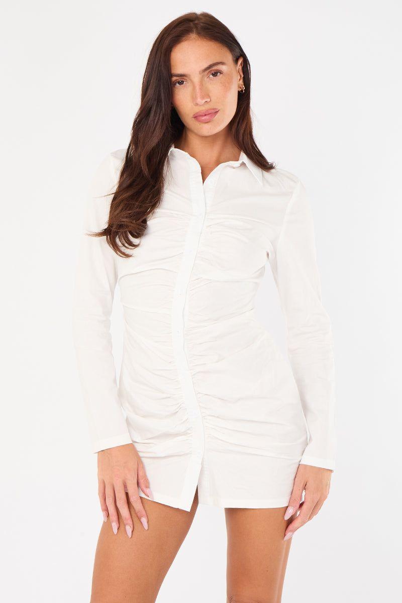 Ruched White Shirt Dress by ELAINA FASHION