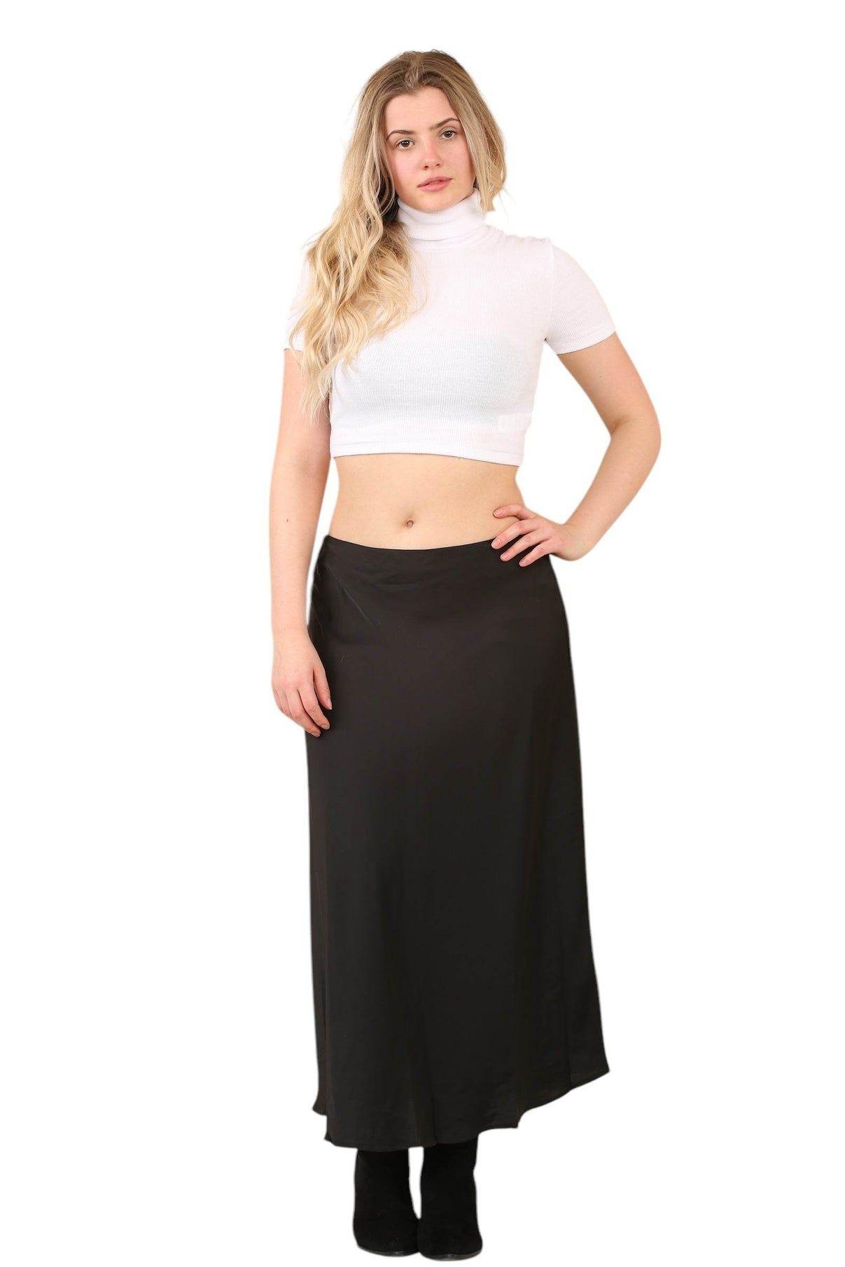 Sleek Black Satin Midi Skirt by ELAINA FASHION