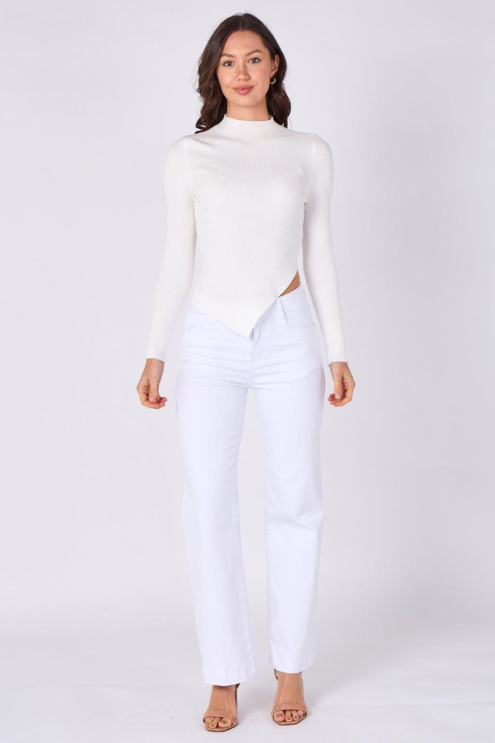Soft Touch Ribbed Asymmetric Knit Top – White by ELAINA FASHION