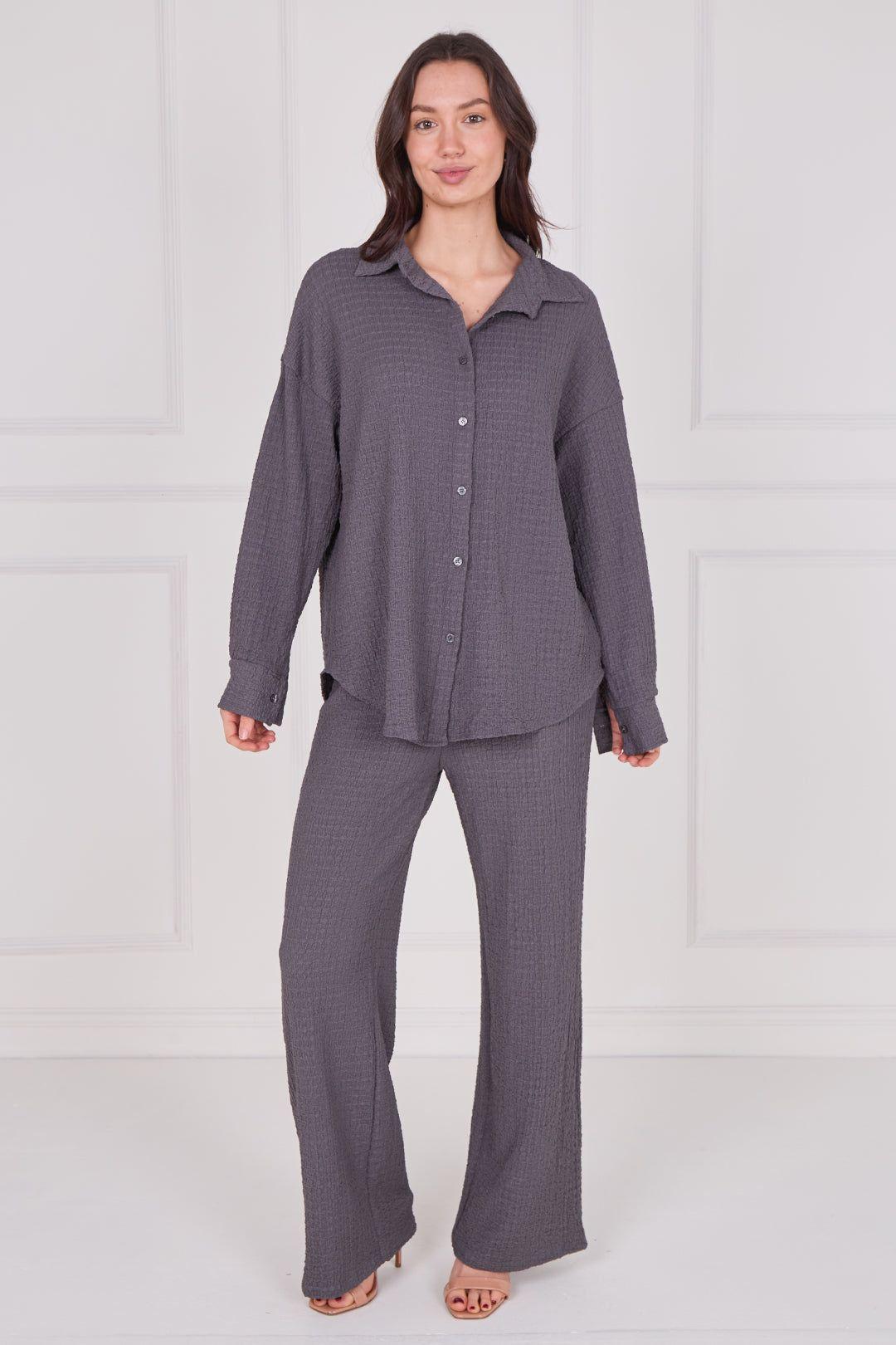 Textured Shirt & Wide-Leg Trouser Co-Ord Set by ELAINA FASHION