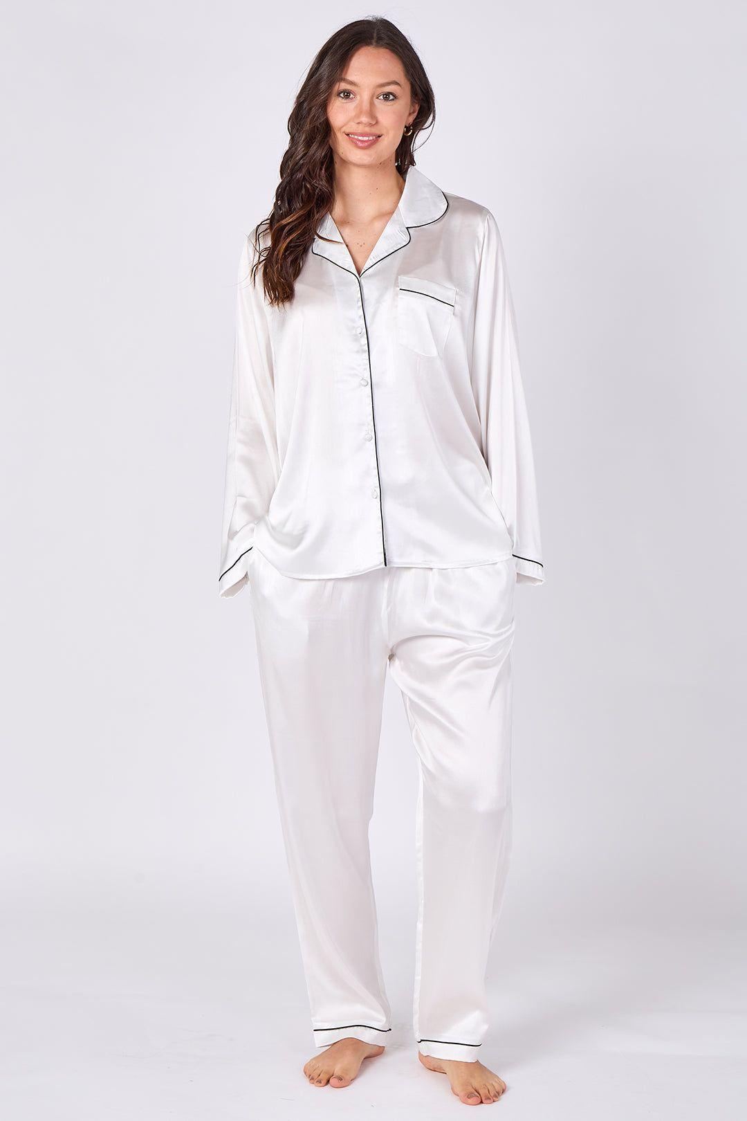 White Satin Pyjama Sleepwear Set by ELAINA FASHION