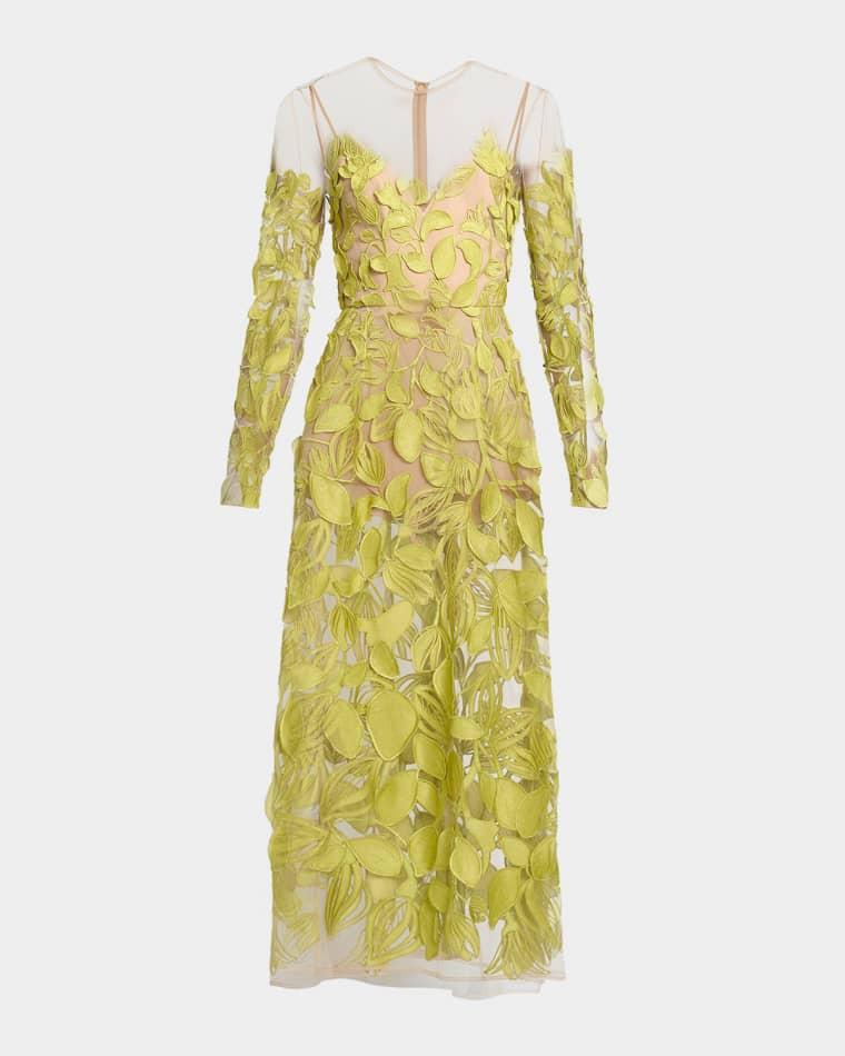 Embroidered Tulle Long-Sleeve Illusion Midi Dress by ELIE SAAB