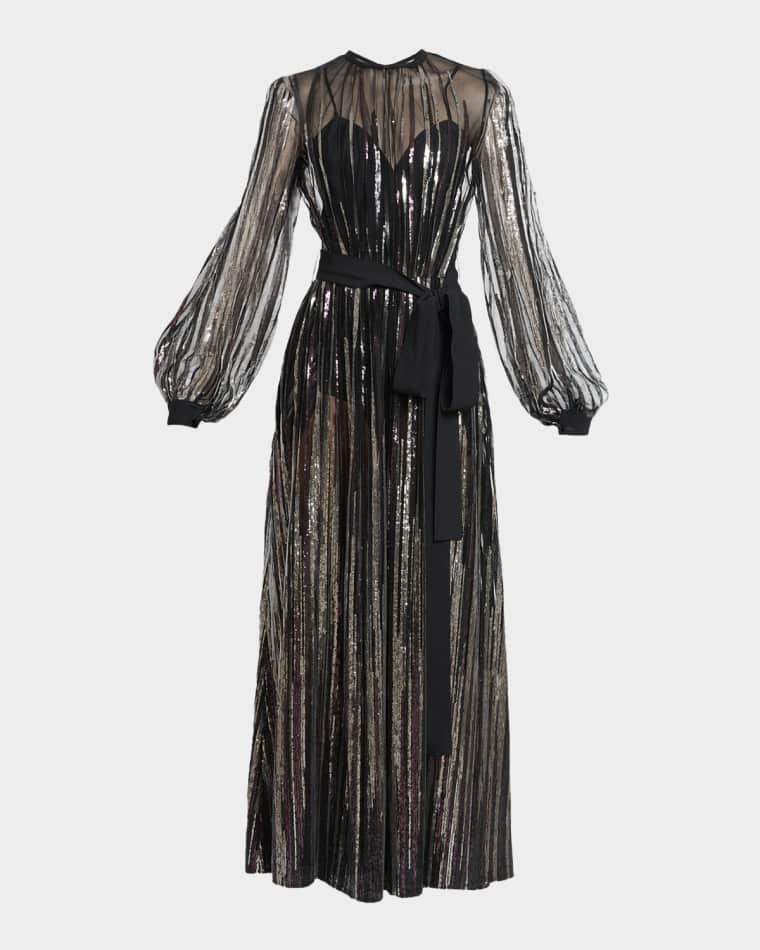 Sequin Embroidered Tulle Long-Sleeve Maxi Dress by ELIE SAAB