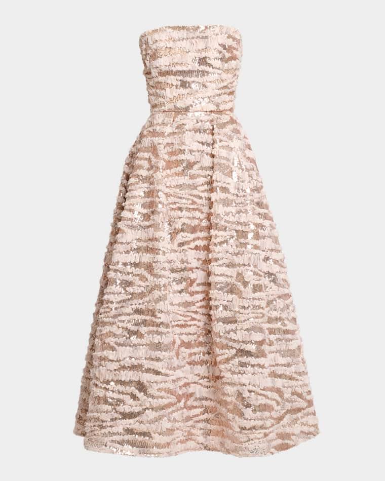 Sequined Chiffon Ruffled Strapless Tea-Length Dress by ELIE SAAB