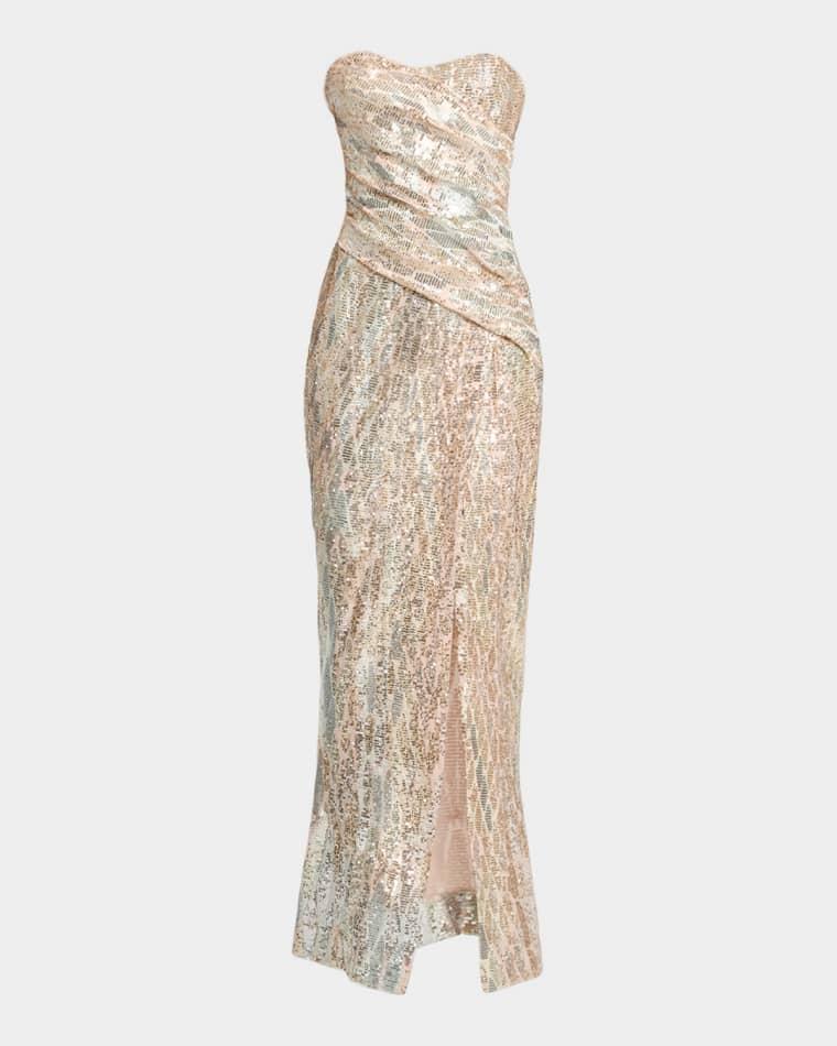 Strapless Sequin Embroidered Draped Slit Gown by ELIE SAAB