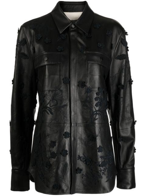 floral-embroidered leather shirt jacket by ELIE SAAB