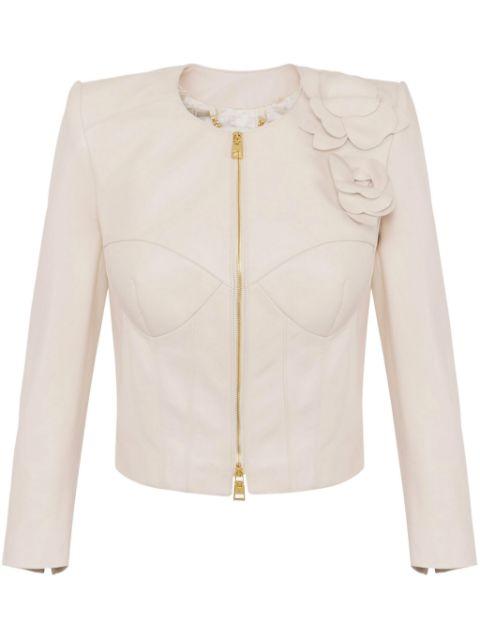 flower appliqués leather jacket by ELISABETTA FRANCHI