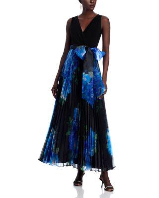 Mixed Media V Neck Sleeveless Pleated Gown by ELIZA J