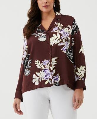 Plus Size Floral Print Long Sleeve Shirt with Piping by ELLA RAFAELLA