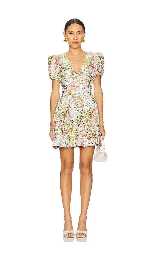 ELLIATT Calaantha Puff Sleeve Mini Dress in White,Green by ELLIATT