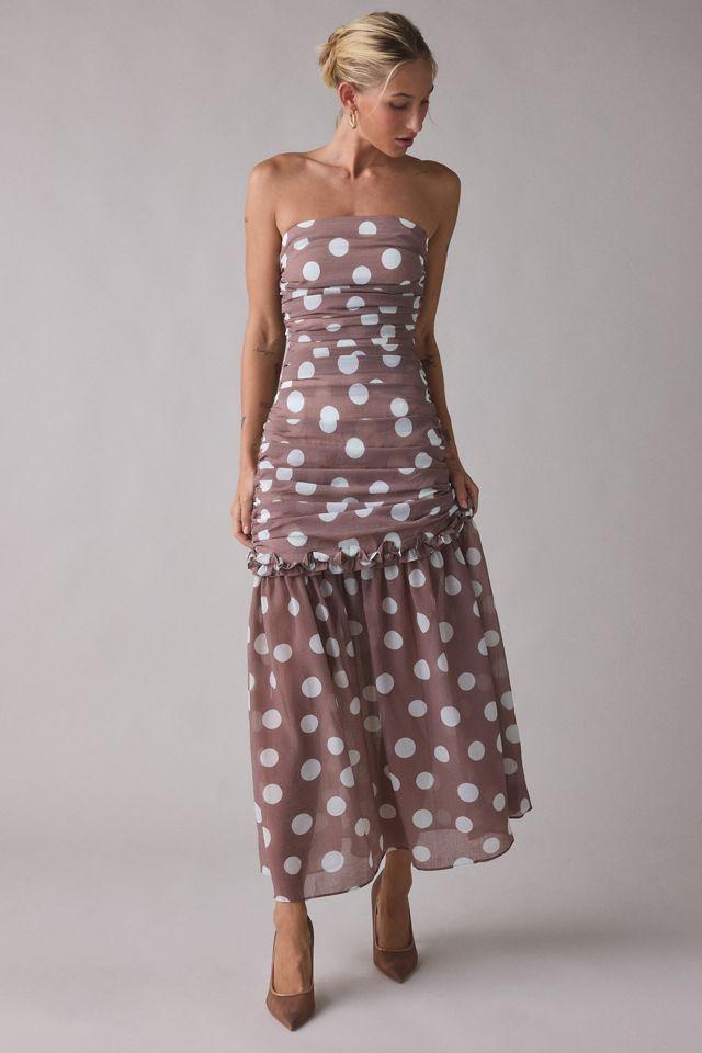 Elliatt Sola Polka Dot Ruched Strapless Maxi Dress by ELLIATT