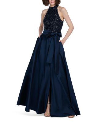 Glass Beaded Mock Neck Gown by EMILY SHALANT