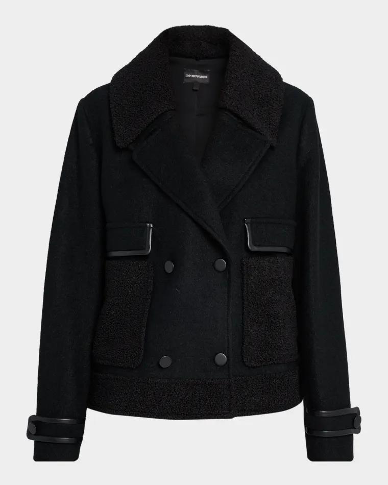 Double-Breasted Peacoat with Faux Leather Trim by EMPORIO ARMANI