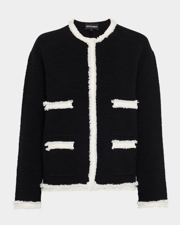 Fringe-Trim Ottoman Ribbed Blazer by EMPORIO ARMANI