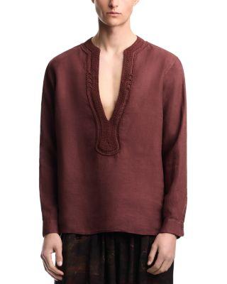 Garment Dyed Linen Deep V-Neck Shirt by EMPORIO ARMANI