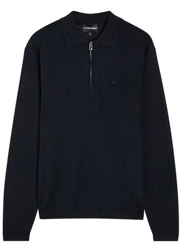 Logo-embroidered fine-knit wool polo jumper by EMPORIO ARMANI
