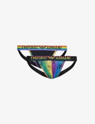 Rainbow-logo pack of two stretch-cotton jockstraps by EMPORIO ARMANI
