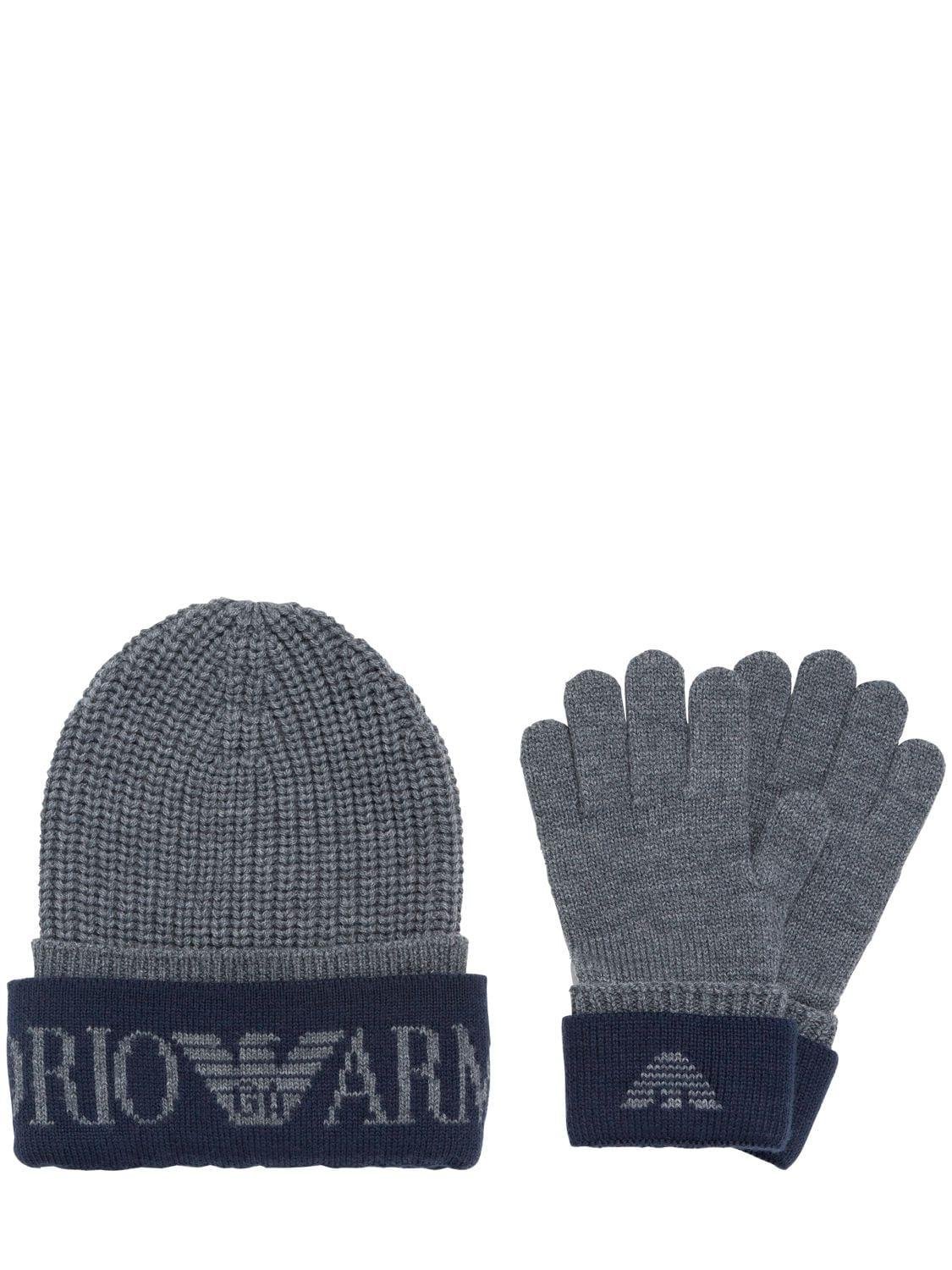 Wool Blend Knit Beanie & Gloves by EMPORIO ARMANI