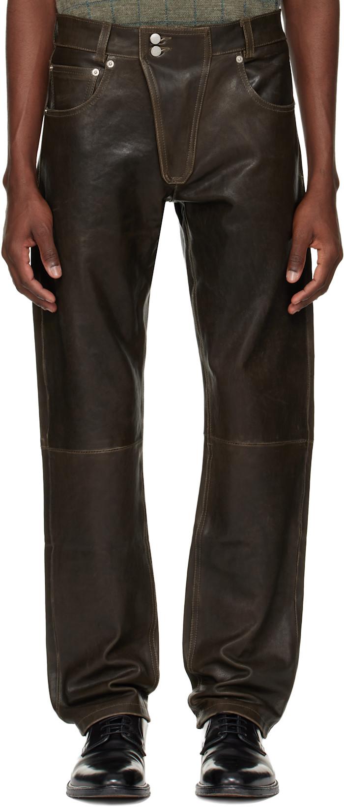 Brown Moto Fly Straight Leg Leather Pants by ENFANTS RICHES DEPRIMES