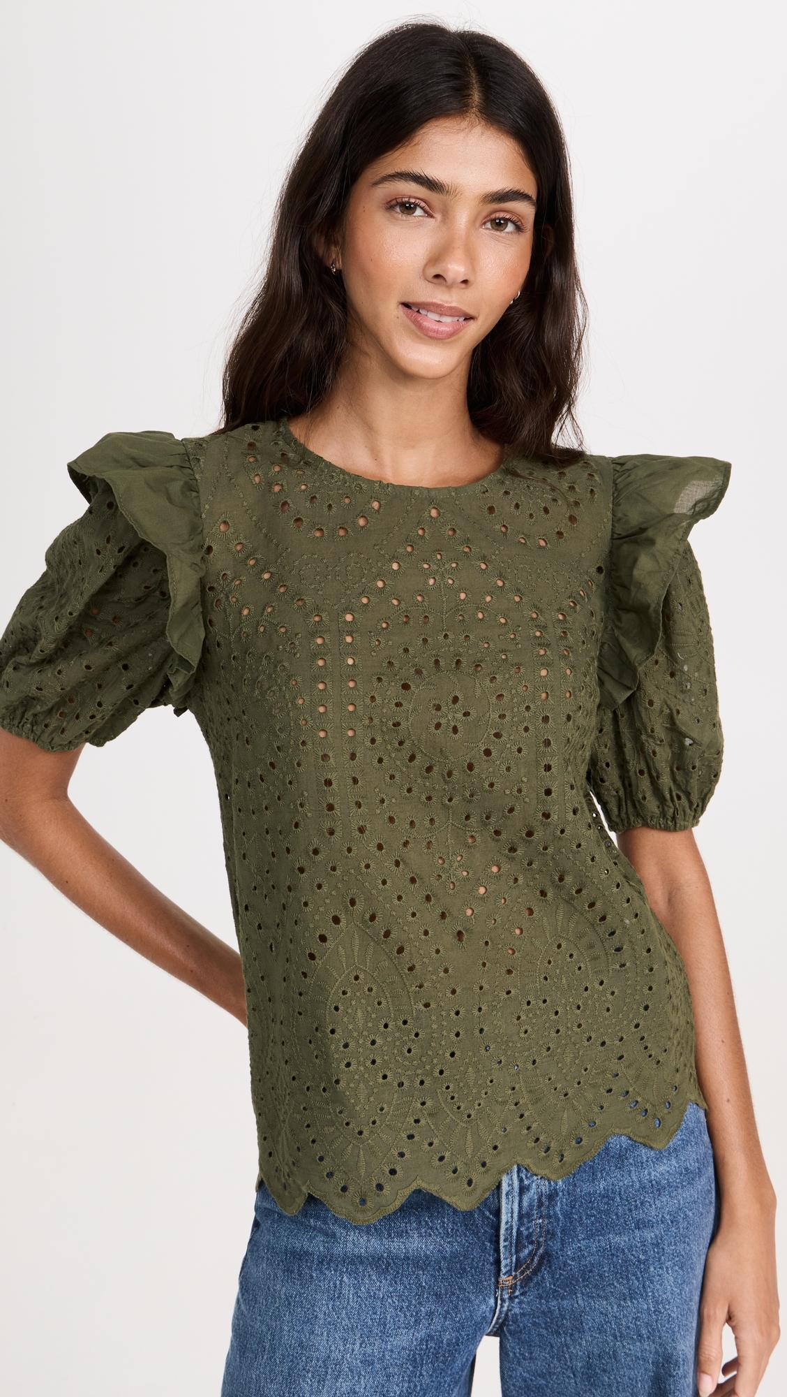 Ruffle Sleeve Eyelet Top by ENGLISH FACTORY