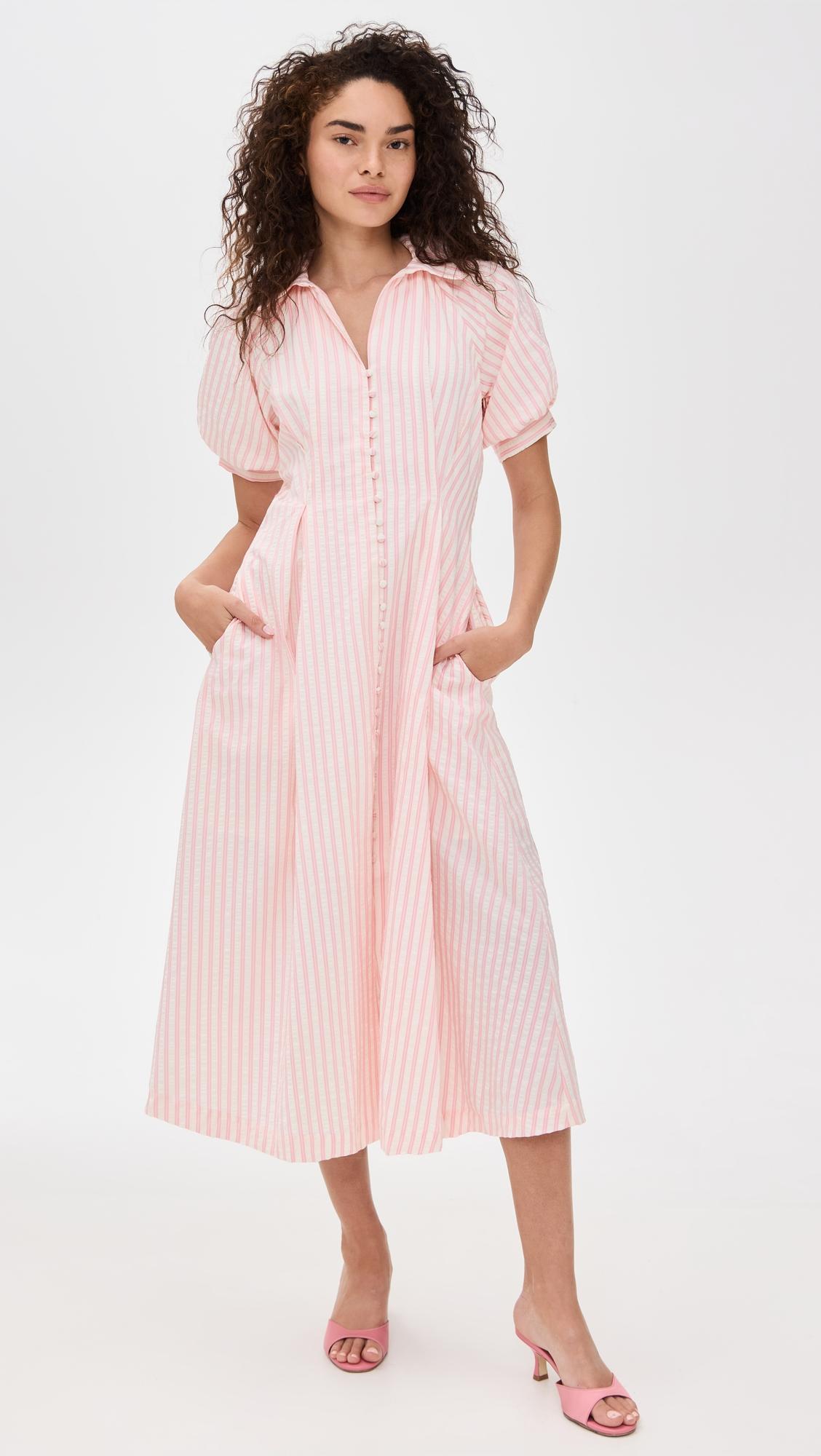 Seersucker Striped Midi Dress by ENGLISH FACTORY