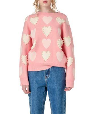 Women's Pearl with Heart Pattern Sweater by ENGLISH FACTORY Women's Pearl with Heart Pattern Sweater by ENGLISH FACTORY