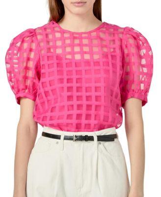 Women's Plaid Sheer Puff Sleeve Top by ENGLISH FACTORY