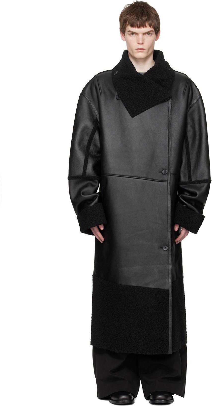 Black Long Leather & Faux-Shearling Coat by ENTIRE STUDIOS