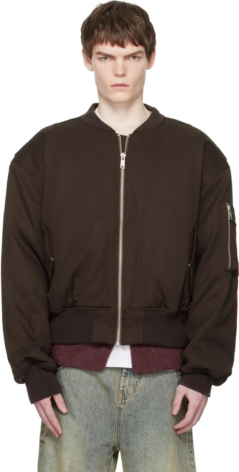 Brown Cropped Broad Bomber Jacket by ENTIRE STUDIOS