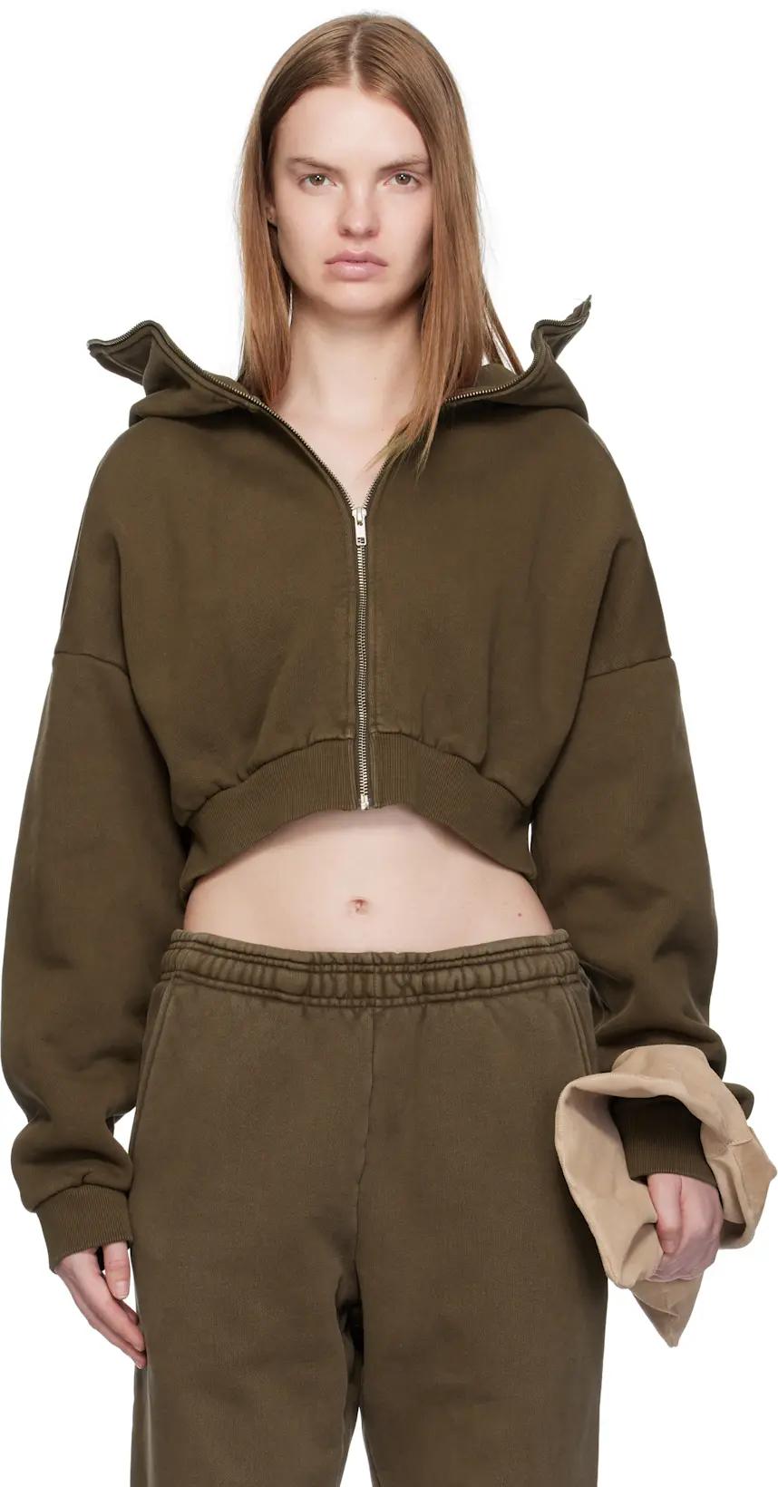 Brown Cropped Full Zip Hoodie by ENTIRE STUDIOS