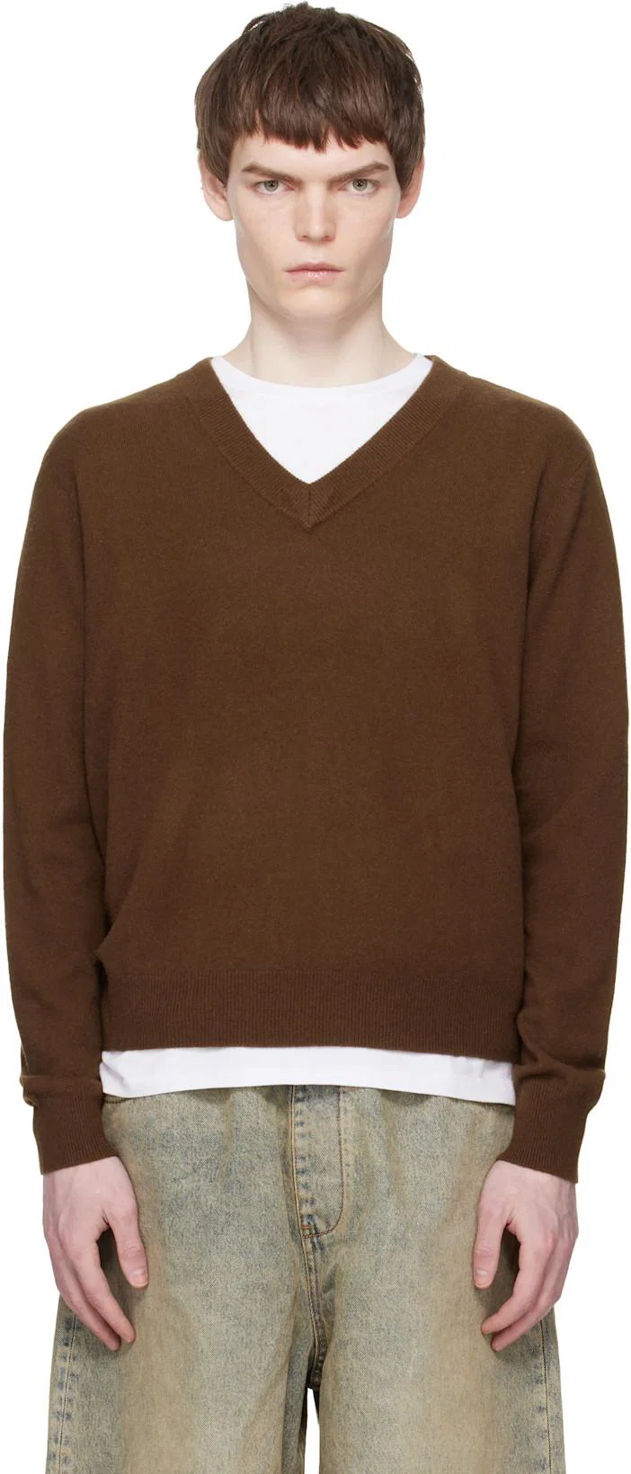 Brown Knit V Neck Sweater by ENTIRE STUDIOS