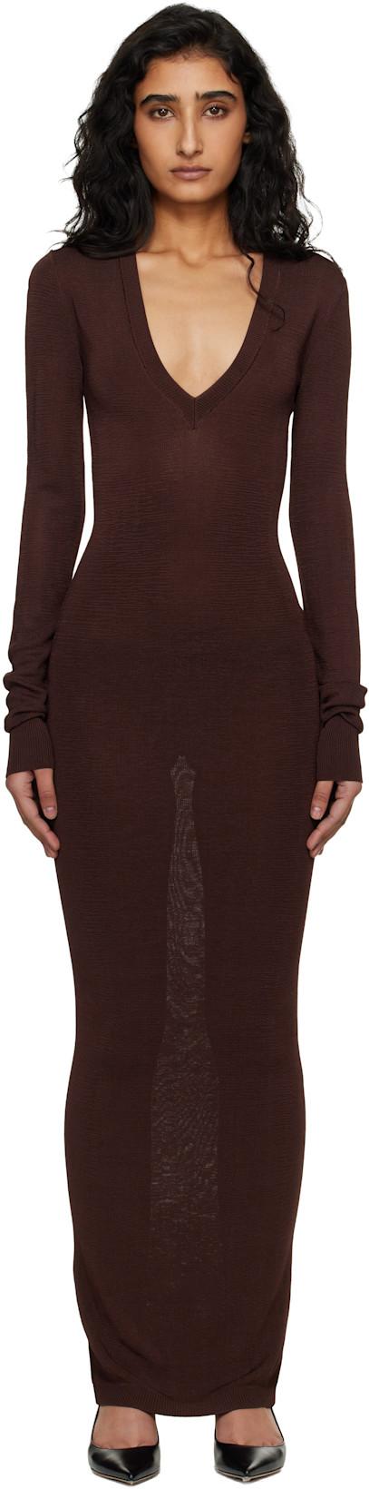 Brown Long Sleeve V Neck Maxi Dress by ENTIRE STUDIOS