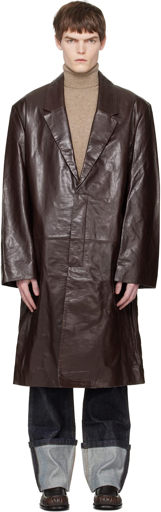 Brown Single Breasted Leather Coat by ENTIRE STUDIOS