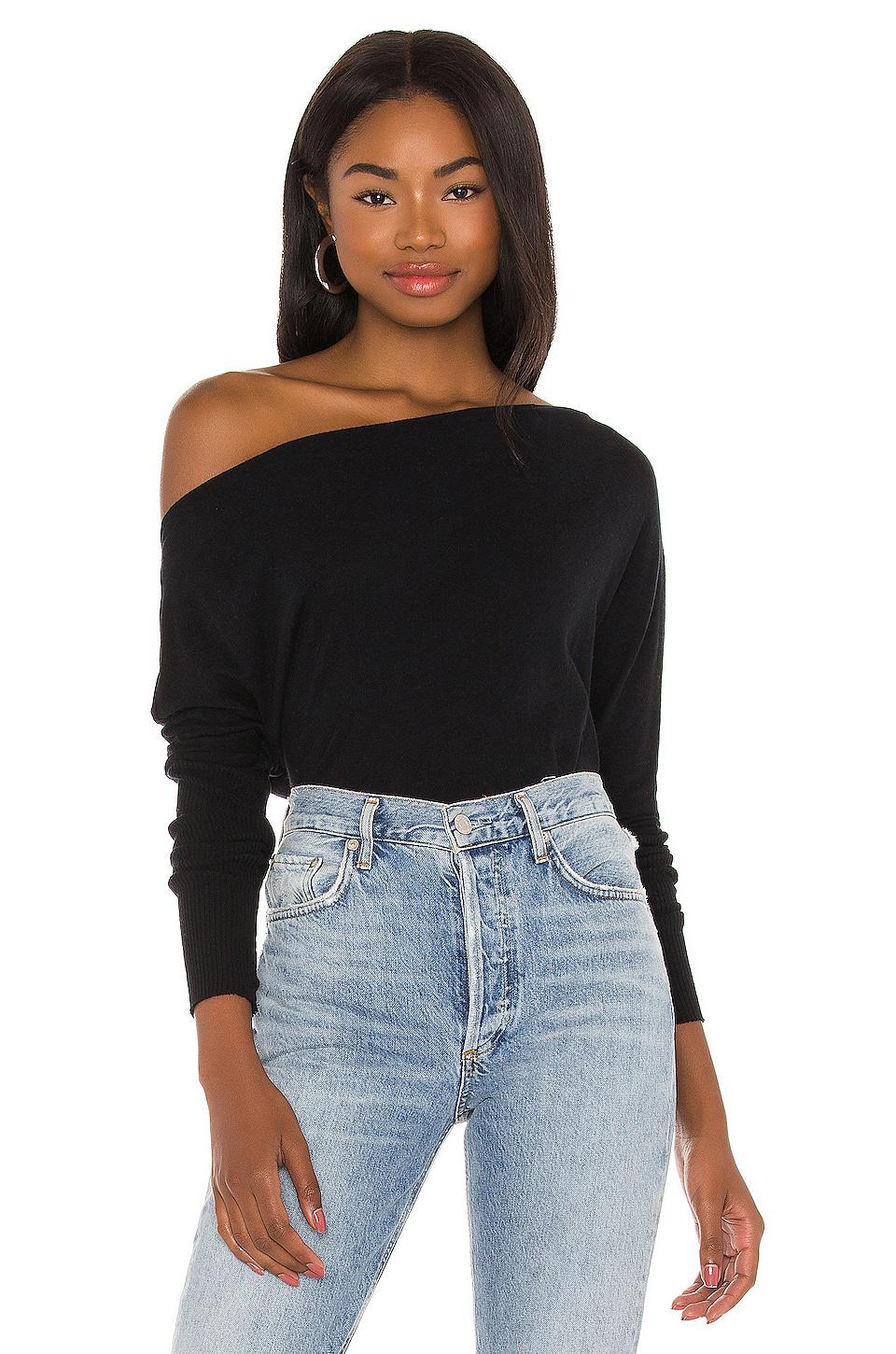 Enza Costa Cashmere Cuffed Off Shoulder Long Sleeve Top in Black by ENZA COSTA